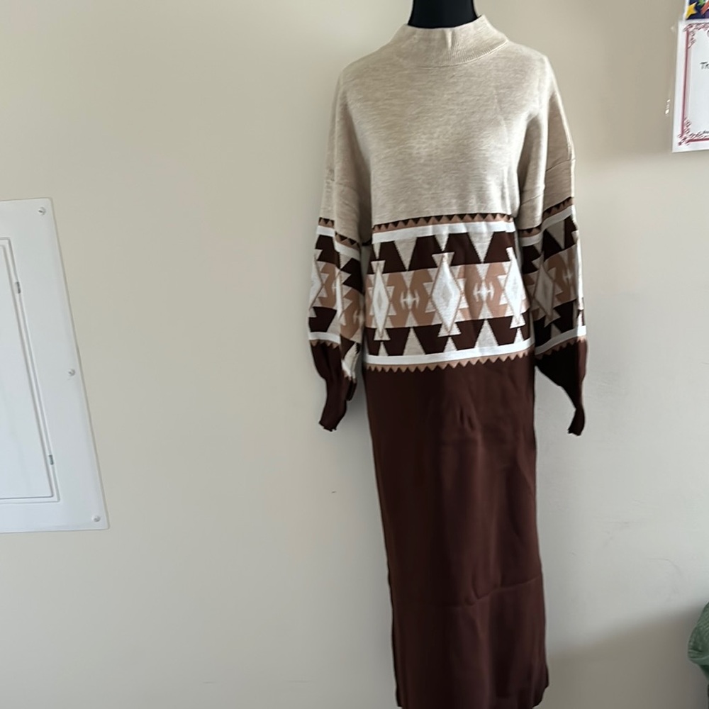 Geometric Patterned Brown and Cream Sweater Dress